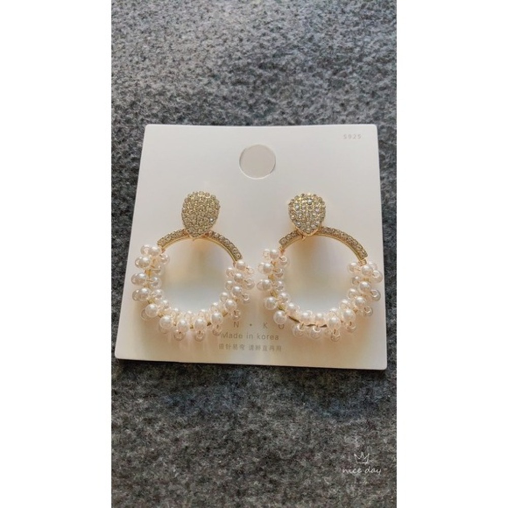 Statement Hoop Earrings Women OS Gold White New Pearl Rhinestone S925 Postβ